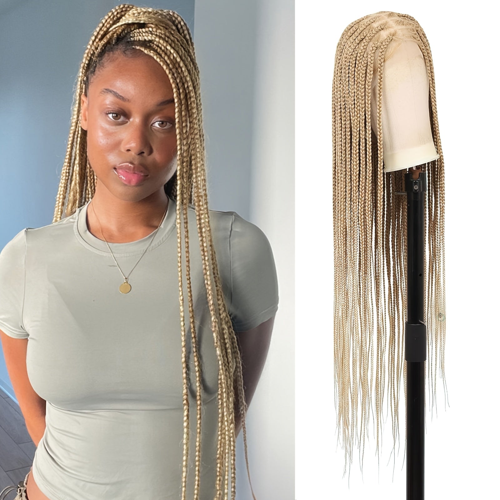 360°HD Full Lace Square Knotless Braided Wigs For Women 36 Inch Box Braid Wig With Baby Hair Blended Braided Lace Front Wig Honey Blonde With Light Blonde Ends Hand Braid Wigs